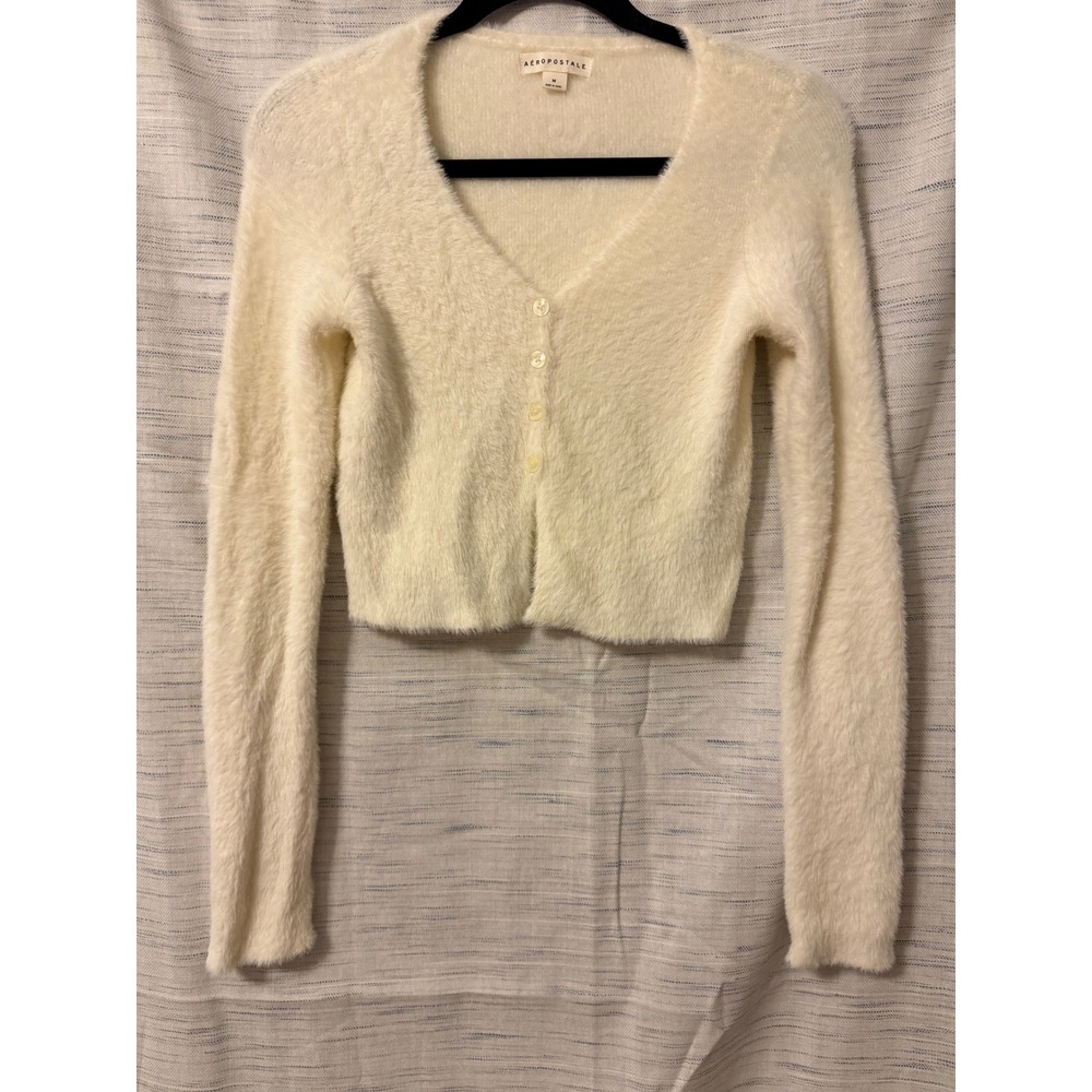 Aeropostale Cream White Eyelash Knit Cropped Cardigan Sweater V-Neck Medium